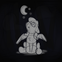 Size: 4000x4000 | Tagged: safe, artist:antimationyt, fluttershy, pegasus, pony, g4, crescent moon, female, fluffy, inktober, inktober 2019, looking up, mare, moon, night, sitting, sketch, solo, spread wings, wings, wip