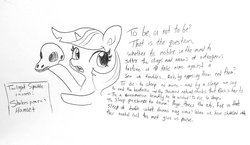 Size: 1859x1077 | Tagged: safe, artist:tjpones, twilight sparkle, pony, g4, dialogue, female, hamlet, monochrome, skull, solo, text, to be or not to be, william shakespeare
