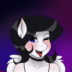 Size: 3000x3000 | Tagged: safe, artist:rarityismywaifu, oc, oc only, oc:lamika, pegasus, anthro, blushing, body blush, choker, ear blush, ear piercing, earring, eyeshadow, fangs, female, freckles, goth, high res, icon, jewelry, lipstick, makeup, mare, one eye closed, pegasus oc, piercing, shoulder freckles, teeth, tongue out, wings, wink