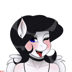Size: 3000x3000 | Tagged: safe, alternate version, artist:rarityismywaifu, oc, oc only, oc:lamika, pegasus, anthro, blushing, body blush, choker, ear blush, ear piercing, earring, eyeshadow, fangs, female, freckles, goth, high res, icon, jewelry, lipstick, makeup, mare, one eye closed, pegasus oc, piercing, shoulder freckles, simple background, teeth, tongue out, transparent background, wings, wink