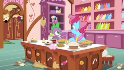 Size: 1920x1080 | Tagged: safe, screencap, cup cake, spike, dragon, pony, g4, the big mac question, cake, flour, food, paper, pie, rolling pin, winged spike, wings
