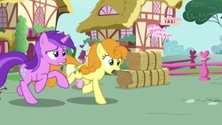Size: 1920x1080 | Tagged: safe, screencap, amethyst star, carrot top, golden harvest, millie, sparkler, earth pony, pony, unicorn, g4, the big mac question, background pony, female, hay bale, mare, running