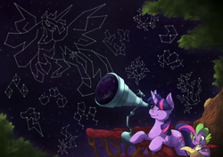 Size: 7016x4961 | Tagged: safe, artist:spacesheep-art, discord, spike, twilight sparkle, alicorn, dragon, pony, unicorn, g4, the last problem, absurd resolution, constellation, cutie mark, duo, end of ponies, feather, female, future, golden oaks library, male, mare, older, older twilight, older twilight sparkle (alicorn), paper, princess twilight 2.0, telescope, twilight sparkle (alicorn), unicorn twilight