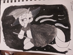 Size: 4160x3120 | Tagged: safe, artist:taurson, starlight glimmer, pony, unicorn, g4, broom, clothes, dress, female, flying, flying broomstick, halloween, hat, holiday, inktober, inktober 2019, monochrome, solo, traditional art, witch, witch hat