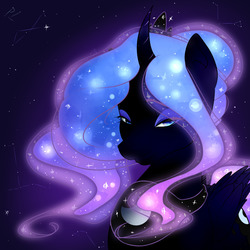 Size: 1200x1200 | Tagged: safe, artist:asilingrose, princess luna, alicorn, pony, g4, alternate hairstyle, constellation, curved horn, cutie mark, ethereal mane, eyebrows, eyebrows visible through hair, eyeshadow, female, glowing mane, horn, jewelry, lidded eyes, looking at you, makeup, mare, nightmare luna, regalia, smiling, solo, starry mane, stars