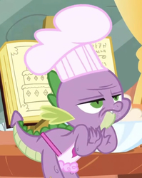 Size: 658x828 | Tagged: safe, screencap, spike, g4, just for sidekicks, apron, bowl, chef's hat, clothes, cropped, faic, hat, male, mixing bowl, recipe, solo, spike is not amused, unamused, wrinkles