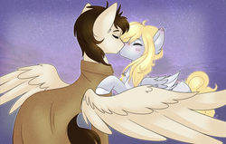 Size: 3500x2227 | Tagged: safe, artist:vert_glamis, derpy hooves, doctor whooves, time turner, pegasus, pony, g4, abstract background, alternate universe, blushing, clothes, commission, female, high res, jewelry, kissing, male, mare, necklace, race swap, scar, ship:doctorderpy, shipping, stallion, straight