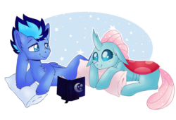 Size: 2200x1500 | Tagged: safe, artist:vert_glamis, ocellus, oc, oc:jet stream, changedling, changeling, pony, g4, blushing, book, canon x oc, commission, cute, diaocelles, female, floppy ears, looking at each other, male, pillow, prone, simple background, smiling, stallion, straight, transparent background