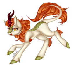 Size: 787x715 | Tagged: safe, artist:anitapadillax3, autumn blaze, kirin, g4, female, lidded eyes, looking at you, mare, open mouth, quadrupedal, raised hoof, sidemouth, simple background, solo, speedpaint available, transparent background