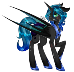 Size: 889x864 | Tagged: safe, artist:anitapadillax3, nightmare moon, queen chrysalis, oc, oc only, changepony, hybrid, pony, g4, female, floppy ears, fusion, gritted teeth, growling, jewelry, looking at you, mare, necklace, raised hoof, scar, simple background, slit pupils, solo, speedpaint available, transparent background