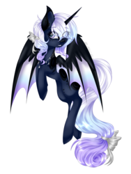 Size: 3456x4590 | Tagged: safe, artist:anitapadillax3, oc, oc only, oc:shimmering moon, alicorn, bat pony alicorn, pony, alicorn oc, bat wings, bow, coat markings, commission, eye clipping through hair, female, flying, freckles, hair bow, jewelry, mare, necklace, sidemouth, smiling, solo, speedpaint available, spread wings, tail bow, wings