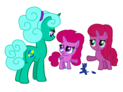 Size: 1440x1080 | Tagged: safe, alternate version, artist:徐詩珮, glitter drops, oc, oc:betty pop, oc:ehenk berrytwist, pony, unicorn, g4, alternate hairstyle, angry, background removed, base used, female, filly, magical lesbian spawn, mare, mother and daughter, next generation, offspring, parent:glitter drops, parent:tempest shadow, parents:glittershadow, siblings, simple background, sisters, transparent background