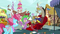 Size: 1920x1080 | Tagged: safe, screencap, cup cake, discord, spike, draconequus, dragon, earth pony, pony, g4, the big mac question, book, couch, glasses, winged spike, wings