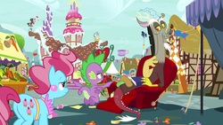 Size: 1920x1080 | Tagged: safe, screencap, cup cake, discord, spike, draconequus, dragon, earth pony, pony, g4, season 9, the big mac question, apron, book, butt, chair, clothes, crossed legs, cup cake is not amused, cutie mark, ear piercing, flapping, flying, glare, glasses, lidded eyes, market, mess, nonchalant, piercing, plot, ponyville, snaggletooth, spike is not amused, spread wings, sugarcube corner, trio, unamused, underfoot, winged spike, wings