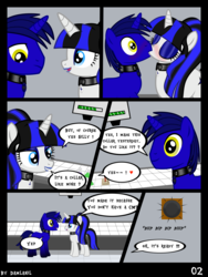 Size: 2880x3840 | Tagged: safe, artist:damlanil, oc, oc:coldlight bluestar, oc:damlanil, pony, unicorn, comic:origin of leteros symbiotes, blushing, cabinet, comic, dialogue, duo, female, high res, kissing, laboratory, latex, makeup, male, mare, screen, show accurate, speaker, stallion, test tube