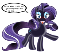 Size: 3840x2660 | Tagged: safe, artist:damlanil, nightmare rarity, rarity, latex pony, pony, unicorn, g4, blushing, cute, dialogue, female, glowing mane, happy, high res, kinky, latex, living latex, living suit, makeup, mare, possession, raised hoof, shiny, simple background, solo, symbiote, teeth, transparent background