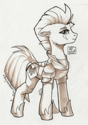 Size: 2466x3500 | Tagged: safe, artist:airfly-pony, tempest shadow, pony, unicorn, g4, armor, broken horn, eye scar, female, high res, horn, inktober, inktober 2019, mare, marker drawing, scar, simple background, solo, traditional art, white background