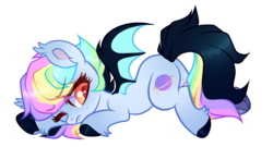 Size: 1166x630 | Tagged: safe, artist:_spacemonkeyz_, oc, oc only, oc:pidge, bat pony, pony, bat pony oc, colored hooves, female, freckles, mare, one eye closed, rainbow hair, simple background, solo, transparent background, wink