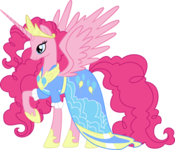 Size: 1000x854 | Tagged: safe, artist:bigmk, artist:kuma993, idw, pinkie pie, alicorn, pony, g4, spoiler:comic, spoiler:comic57, alicornified, clothes, concave belly, dress, female, idw showified, mare, pinkiecorn, princess, princess of chaos, race swap, slender, tall, thin, xk-class end-of-the-world scenario