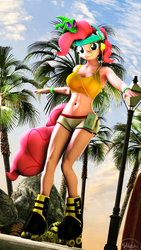 Size: 2160x3840 | Tagged: safe, artist:whiteskyline, pinkie pie, earth pony, anthro, g4, 3d, armpits, belly button, clothes, female, high res, looking at you, midriff, palm tree, rock, roller skates, sky, solo, source filmmaker, sports bra, sports shorts, tree