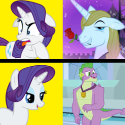 Size: 1448x1440 | Tagged: safe, edit, edited screencap, editor:jdmiles, screencap, prince blueblood, rarity, spike, dragon, pony, unicorn, g4, the best night ever, the last problem, adult, canterlot castle, disgusted, female, flower, flower in mouth, gigachad spike, grown, hotline bling, male, mare, meme, older, older spike, rose, rose in mouth, ship:rariblood, ship:sparity, shipping, stallion, straight, winged spike, wings
