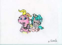 Size: 1123x816 | Tagged: safe, artist:endlesswire94, cozy glow, dragon, pegasus, pony, g4, bow, cassie (dragon tales), dragon tales, dragoness, duo, duo female, eye contact, female, filly, foal, freckles, hair bow, looking at each other, signature, simple background, tail bow, traditional art, white background