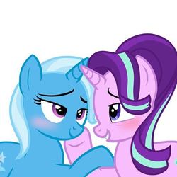 Size: 586x586 | Tagged: artist needed, source needed, safe, starlight glimmer, trixie, pony, g4, slice of life (episode), female, lesbian, ship:startrix, shipping, simple background, white background