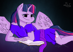 Size: 2307x1653 | Tagged: safe, artist:cypisek95, twilight sparkle, alicorn, anthro, g4, book, clothes, dress, female, horn, lying down, smiling, spread wings, twilight sparkle (alicorn), wings