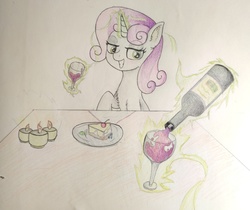 Size: 2848x2397 | Tagged: safe, artist:wooshy, sweetie belle, pony, unicorn, g4, growing up is hard to do, alcohol, bottle, cake, candle, colored pencil drawing, female, food, glowing horn, high res, horn, magic, magic aura, mare, older, older sweetie belle, smiling, solo, telekinesis, traditional art, wine, wine bottle