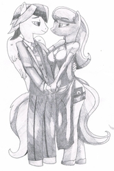 Size: 1457x2200 | Tagged: safe, artist:cypisek95, oc, oc only, oc:light flash, oc:white limon, earth pony, pegasus, anthro, bedroom eyes, black and white, female, grayscale, holding hands, hooves, lightmon, looking at each other, monochrome, not octavia, simple background, traditional art, white background, wings