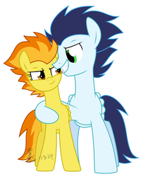 Size: 1244x1528 | Tagged: safe, artist:yaco, edit, soarin', spitfire, pegasus, pony, g4, cropped, female, grin, hug, male, mare, ship:soarinfire, shipping, simple background, smiling, stallion, straight, white background