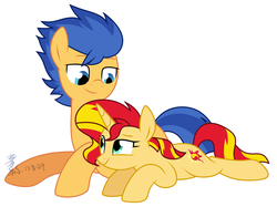 Size: 1688x1264 | Tagged: safe, artist:yaco, edit, flash sentry, sunset shimmer, pegasus, pony, unicorn, g4, cropped, cute, female, looking at each other, lying down, male, mare, prone, ship:flashimmer, shipping, simple background, stallion, straight, white background