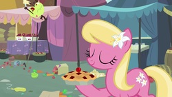 Size: 1920x1080 | Tagged: safe, screencap, lily, lily valley, earth pony, pony, g4, the big mac question, eyes closed, female, flower, flower in hair, food, hoof hold, mare, pie, solo