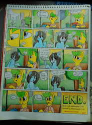 Size: 3512x4752 | Tagged: safe, artist:perezadotarts, oc, oc:pen sketchy, earth pony, pony, unicorn, art trade, colored, comic, dialogue, female, male, paper, photo, text, traditional art