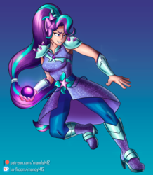 Size: 2282x2621 | Tagged: safe, artist:mandy1412, starlight glimmer, human, equestria girls, g4, alternate hairstyle, armpits, boots, clothes, clothes swap, crystal guardian, female, gradient background, high heel boots, high res, human coloration, magical geodes, orb, pants, patreon, patreon logo, ponied up, shoes, solo, superhero