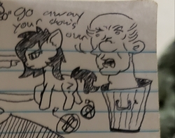 Size: 1151x912 | Tagged: safe, artist:happy harvey, oc, oc only, oc:filly anon, pony, black and white, dialogue, female, filly, grayscale, monochrome, sketch, traditional art