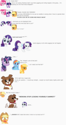 Size: 853x1619 | Tagged: safe, artist:dziadek1990, applejack, pinkie pie, rainbow dash, rarity, twilight sparkle, winona, dog, g4, amused, behaving like a dog, body swap, confused, conversation, desperate, desperation, dialogue, disgusted, disgusting, emote story, emotes, eww, grass, gross, grossed out, happy, hilarious in hindsight, horn, licking, look at it!, look at my butt, magic, rolling, scared, slice of life, tail, terrified, text, tongue out, varying degrees of amusement, varying degrees of want