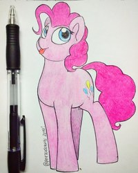 Size: 1834x2293 | Tagged: safe, artist:perezadotarts, pinkie pie, earth pony, pony, g4, colored, drawing, fanart, female, looking up, paper, photo, solo, text, tongue out, traditional art