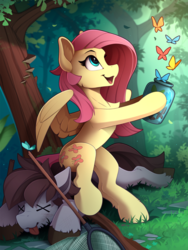 Size: 1810x2410 | Tagged: safe, artist:yakovlev-vad, fluttershy, oc, butterfly, earth pony, pegasus, pony, g4, butterfly net, cute, duo, duo male and female, escape, eyebrows, female, forest, high res, jar, knock out, knocked out, looking at something, male, mare, nature, open mouth, open smile, release, rescue, scenery, shyabetes, slender, smiling, spread wings, stallion, thin, tongue out, tree, unconscious, wings, x eyes