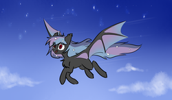 Size: 1844x1080 | Tagged: safe, artist:starlyfly, oc, oc only, oc:stellar wind, bat pony, pony, bat pony oc, eyes open, female, flying, happy, night, red eyes, scenery, sky, solo, stars, twilight (astronomy)