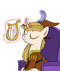 Size: 677x800 | Tagged: safe, oc, oc only, oc:regal inkwell, pony, unicorn, clothes, curved horn, doublet, hat, horn, lyre, magic, musical instrument, sitting, telekinesis, unshorn fetlocks