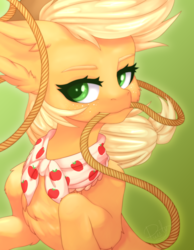 Size: 1555x2000 | Tagged: safe, artist:dustyonyx, applejack, earth pony, pony, g4, the last problem, clothes, cute, female, granny smith's shawl, jackabetes, lasso, mare, mouth hold, neckerchief, older, older applejack, rope, solo