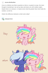 Size: 540x822 | Tagged: safe, artist:hawthornss, oc, oc only, oc:moon sugar, oc:paper stars, bat pony, pony, ask paper stars, :p, bat pony oc, cute, ear fluff, educational, ethereal mane, female, mare, mlem, multicolored hair, paperbetes, rainbow hair, siblings, silly, starry mane, text, tongue out, tumblr, tumblrpon, unamused, weapons-grade cute