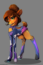 Size: 2000x3000 | Tagged: safe, artist:skitsroom, oc, oc only, oc:aluxor, deer, original species, vitrung, boots, clothes, cute, doe, futuristic, gray background, high res, miniskirt, pleated skirt, quadrupedal, rule 63, shoes, simple background, skates, skirt, smiling, solo