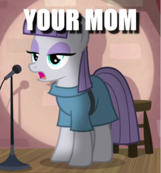 Size: 484x519 | Tagged: safe, edit, edited screencap, screencap, maud pie, earth pony, pony, g4, the maud couple, caption, cropped, female, image macro, microphone, microphone stand, solo, spotlight, text, your mom