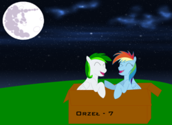 Size: 4677x3400 | Tagged: safe, artist:cypisek95, rainbow dash, oc, pegasus, pony, g4, box, eyes closed, female, full moon, hooves, male, mare, mare in the moon, moon, night, open mouth, pony in a box, stallion, wings