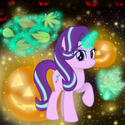 Size: 1000x1000 | Tagged: safe, artist:itspeahead, starlight glimmer, pony, g4, female, halloween, holiday, leaves, magic, nightmare night, pumpkin, solo