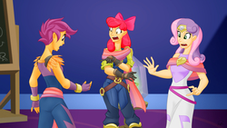 Size: 1760x990 | Tagged: safe, artist:didj, apple bloom, scootaloo, sweetie belle, human, my little mages, g4, growing up is hard to do, clothes, cutie mark crusaders, humanized, older, older apple bloom, older cmc, older scootaloo, older sweetie belle, open mouth, sash, scene interpretation, trio, twilight's castle, woman