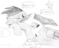 Size: 3544x2880 | Tagged: safe, artist:cypisek95, rainbow dash, oc, pegasus, pony, g4, black and white, comic, crying, eyes closed, female, floppy ears, grayscale, high res, hooves, hug, male, mare, monochrome, open mouth, simple background, stallion, traditional art, white background, wings