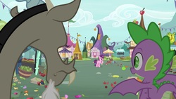 Size: 1920x1080 | Tagged: safe, screencap, discord, spike, sugar belle, dragon, pony, g4, the big mac question, winged spike, wings